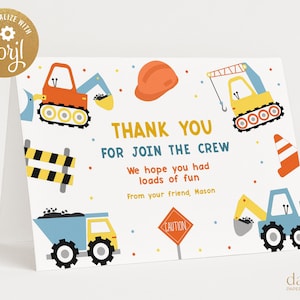 Boho Construction Merci Tentfold Card, Modèle d'anniversaire de camions modifiables, Digger, Excavator, Party Favor, Decor, Instant Download, KP108
