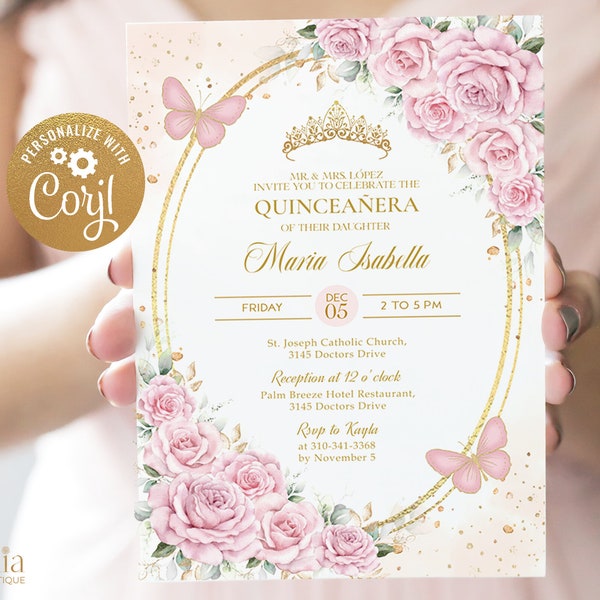 Blozen roze en gouden Quinceañera uitnodiging, BEWERKBARE pastel vlinder en Rose partij uitnodigen, Mis kweepeer Anos, Floral 15e verjaardag meisje Q032