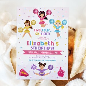 May include: A pink and purple birthday invitation with a cheerleading theme. The invitation features three girls in cheerleading outfits with pom-poms. The text on the invitation reads "Two...Four...Six...Eight! Join us to celebrate Elizabeth's 5th Birthday. Saturday, September 23, 3PM. Elizabeth's House 785 Westlake Road, Town State 1234. RSVP to Kayla at 123-456-7890."