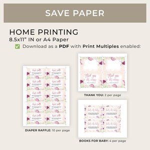 May include: Printable PDF templates for a baby shower. The templates include a diaper raffle, thank you cards, and books for baby cards. The designs feature a pink and green color scheme with a mushroom and ladybug theme.