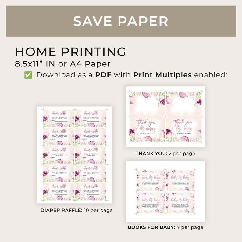 May include: Printable PDF templates for a baby shower. The templates include a diaper raffle, thank you cards, and books for baby cards. The designs feature a pink and green color scheme with a mushroom and ladybug theme.