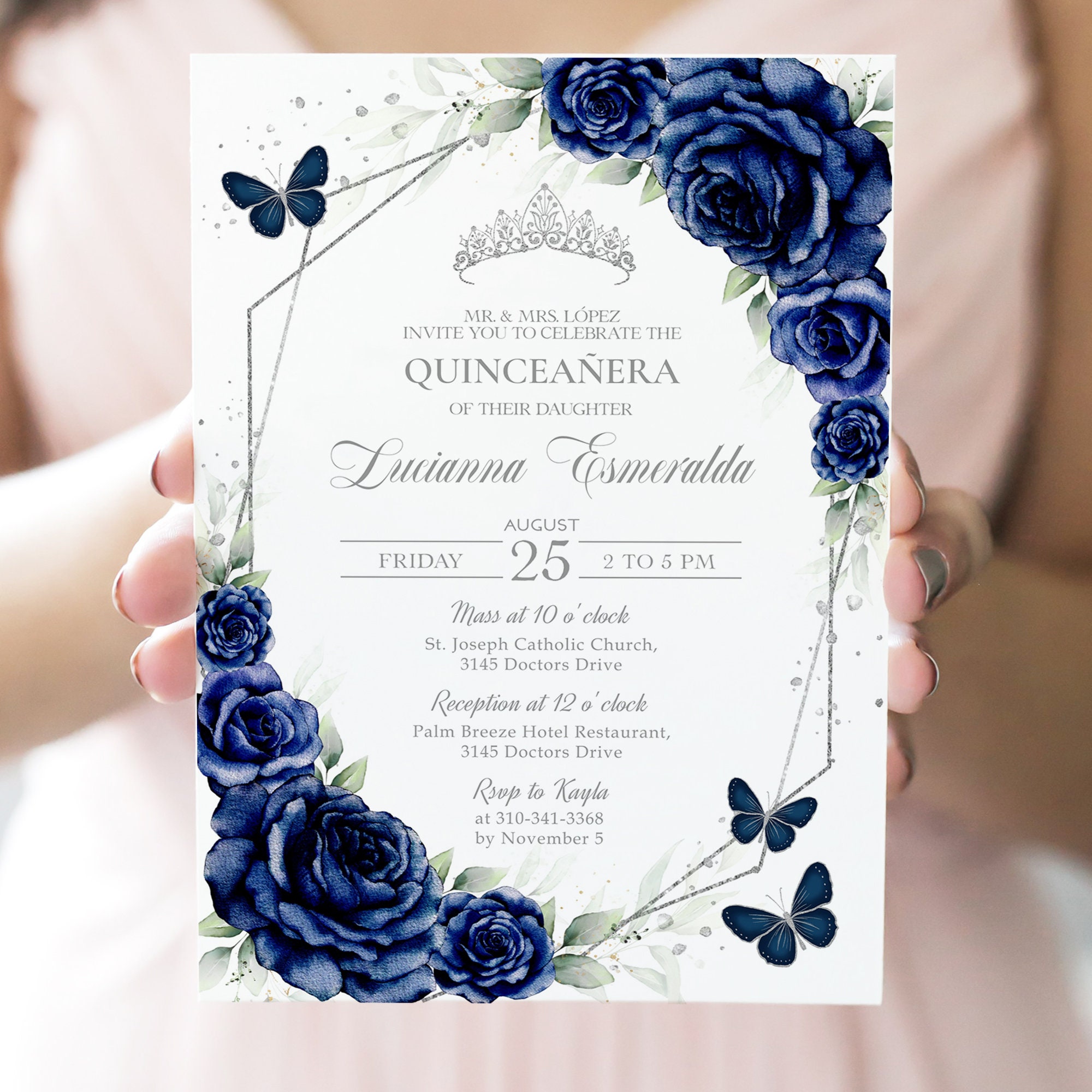 Invitación de quinceañera azul marino y plata, plantilla EDITABLE de invitación  a fiesta de cumpleaños número 15, Floral Mis Quince Anos, Descarga  instantánea, Q098 - Etsy México, image size:2000x2000