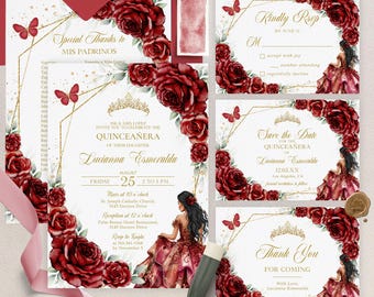May include: Quinceañera invitation suite with a burgundy rose and gold geometric design. Includes invitations, RSVP cards, and thank you cards. Features a young woman in a formal gown. Includes a wax seal and pink ribbon.