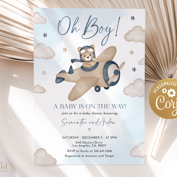 Airplane Bear Baby Shower Invitation, EDITABLE Up Up and Away Template, Baby Boy Party Invite, Aviator Pilot Template, Bearly Wait, BS193