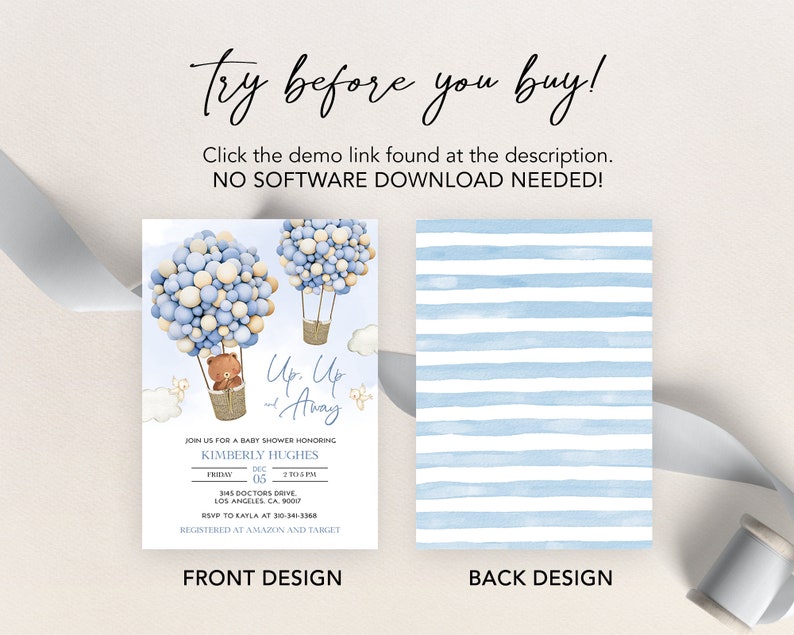 May include: A baby shower invitation with a blue and white striped background. The front of the invitation features a cartoon bear in a hot air balloon made of blue and white balloons. The text on the front of the invitation reads "Up, Up and Away" and includes the details of the baby shower. The back of the invitation is a blue and white striped pattern.