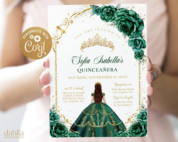 Emerald Green and Gold Arch Quinceaera Invitation, EDITABLE Tiara Rose  15th Birthday Party Template, Mis Quince Anos, Instant Download Q038 - Etsy