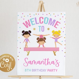 Gymnastik Geburtstag Willkommensschild, EDITIERBARE Gymnastik rosa Party Banner Vorlage, Mädchen Gymnastik Geburtstag Dekor, Instant Download KP035