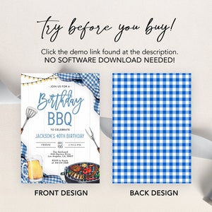BBQ Birthday Invitation, EDITABLE Blue Gingham Backyard Party Template ...