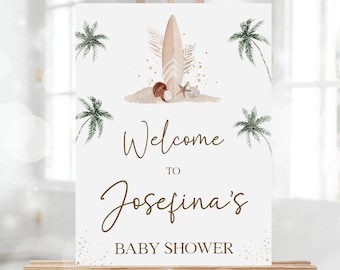 Gender Neutral Baby on Board Welcome Sign, EDITABLE Surf Board Sign Template, Boho Surfing Summer Baby Shower, Tropical Baby Shower, BS245