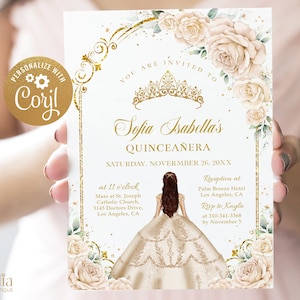 Champagne White and Gold Arch Quinceañera Invitation, EDITABLE Tiara 15th Birthday Invite Template, Mis Quince Anos, Instant Download, Q036