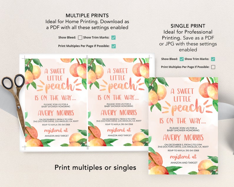 May include: A peach-themed baby shower invitation with watercolor illustrations of peaches and leaves. The invitation reads "A Sweet Little Peach is on the Way..." and includes the name Avery Morris, the date and time of the shower, the location, and RSVP information. The invitation also includes the text "registered at Amazon and Target".
