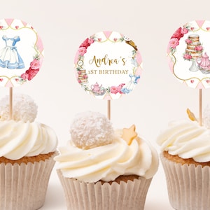 SET DE 6 Alicia en el País de las Maravillas Cupcake Topper, Etiqueta EDITABLE de Cumpleaños de Onederland, Decoración Mad Tea Party, Etiqueta de Cupcake, Descarga Instantánea, KP191