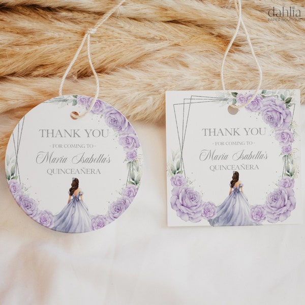 Lilac Purple Quinceañera Thank You Gift Tag, Editable Silver Round Gift Tag, Mis Quince Anos, 15th Birthday Party, Instant Download, Q043