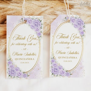 Lavendellila und Gold Quinceaña Danke Geschenkanhänger, bearbeitbares Mis Quince Anos Giveaway, 15. Geburtstag Gastgeschenk, druckbares Etikett, Q031