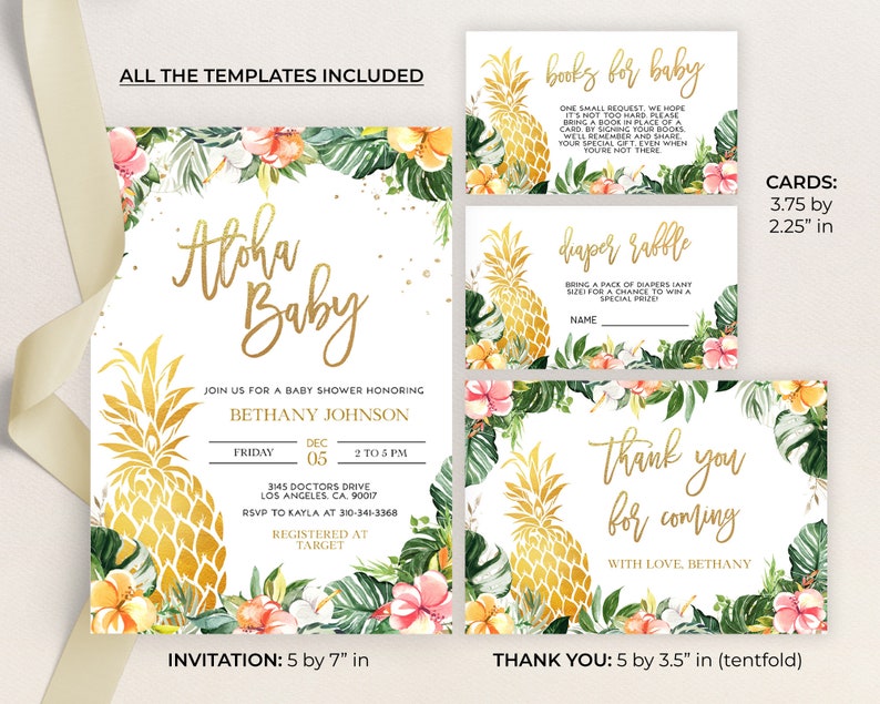 Hawaiian Pineapple Baby Shower Invitation Set, EDITABLE Luau Party Invite Pack, Tropical Summer Baby Sprinkle, Aloha, Instant Download BS144 image 2