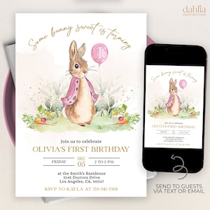 Invito per il primo compleanno di Peter Rabbit, modello di invito modificabile, coniglietto rustico, 1° compleanno, festa per ragazze stampabile, download immediato, Corjl