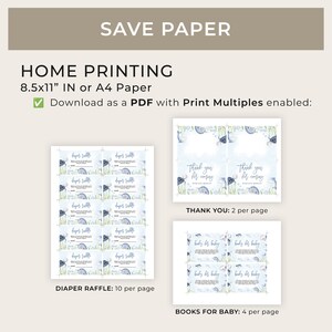 May include: Printable PDF file with instructions for home printing of baby shower party favors. The file includes 10 diaper raffle tickets, 2 thank you cards, and 4 books for baby cards per page. The design features a blue and green watercolor illustration of a turtle and fish.