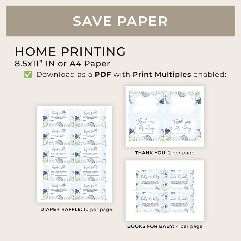 May include: Printable PDF file with instructions for home printing of baby shower party favors. The file includes 10 diaper raffle tickets, 2 thank you cards, and 4 books for baby cards per page. The design features a blue and green watercolor illustration of a turtle and fish.