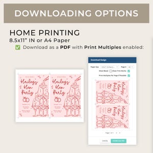 May include: A printable PDF template for a hen party invitation. The design features a pink background with a champagne glass tower and the text "Hailey's Hen Party". The template is designed to be printed on 8.5x11 inch paper.