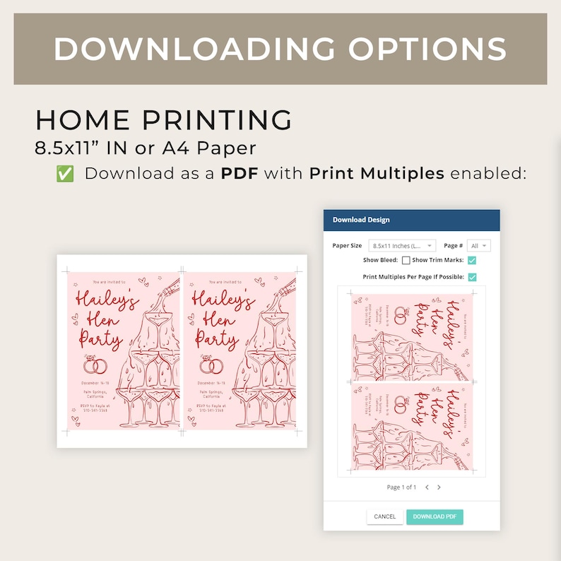 May include: A printable PDF template for a hen party invitation. The design features a pink background with a champagne glass tower and the text "Hailey's Hen Party". The template is designed to be printed on 8.5x11 inch paper.