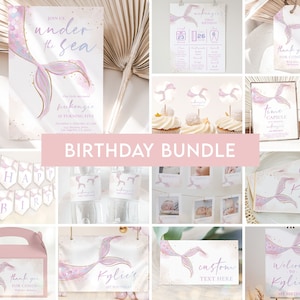 Mermaid Birthday Party Bundle, EDITABLE Under the Sea Party Invite, Magical Birthday Party Decor, Pink Gold Mermaid, Instant Download, KP184