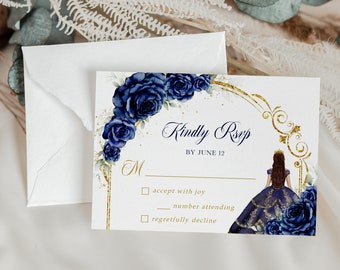 Quinceañera RSVP Card Template, Editable Navy Blue and Gold Quince, Tiara Mis Quince 15 Anos, Girl 15th Birthday, Instant Download, Q039