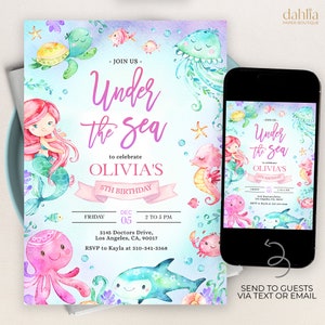 Mermaid Birthday Invitation, EDITABLE Kids Party Template, Under The Sea Fairytale Invite, Watercolor Red Hair Girl, Instant Download KP196