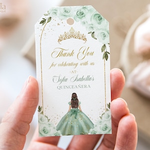 Étiquette cadeau Merci Quinceañera vert sauge, cadeau modifiable Mis Quince Anos, cadeau 15e anniversaire, téléchargement immédiat Q021