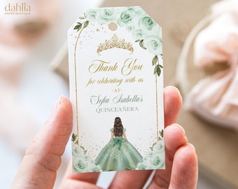 Sage Green and Gold Arch Quinceañera Thank You Gift Tag, Edytowalny Mis Quince Anos Giveaway, Upominek na 15. urodziny, Natychmiastowe pobranie Q021