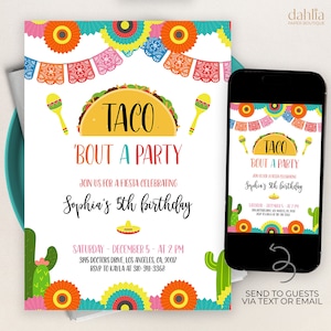 Taco 'Bout A Party Invitation, Modello di invito di compleanno Fiesta MODIFICABILE, Compleanno di Taco, Invito alla festa di cactus, Festa di compleanno messicana, KP037