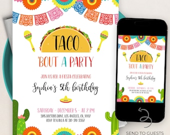 Taco 'Bout A Party Invitation, Plantilla de invitación de cumpleaños de fiesta EDITABLE, Cumpleaños de taco, Invitación a fiesta de cactus, Fiesta de cumpleaños mexicana, KP037