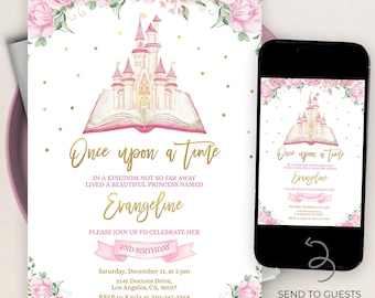 Puede incluir: Una invitación de cumpleaños de princesa rosa y dorada con una ilustración de un castillo y un libro abierto. La invitación dice "Érase una vez... en un reino no tan lejos, vivía una hermosa princesa llamada Evangeline. Únase a nosotros para celebrar su 2º cumpleaños. Sábado 11 de diciembre a las 2 pm, 3145 Doctors Drive, Los Angeles, CA, 90017. RSVP a Kayla al 310-341-3368."