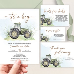 EDITABLE Green Tractor Baby Shower Invitation Set, Ranch Farm Baby Sprinkle Pack, Printable Its A Boy Party Template, Instant Download BS166