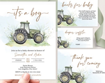 BEWERKBARE groene trekker babyshower uitnodigingsset, Ranch Farm Baby strooi Pack, afdrukbare sjabloon voor feest van een jongen, Instant Download BS166
