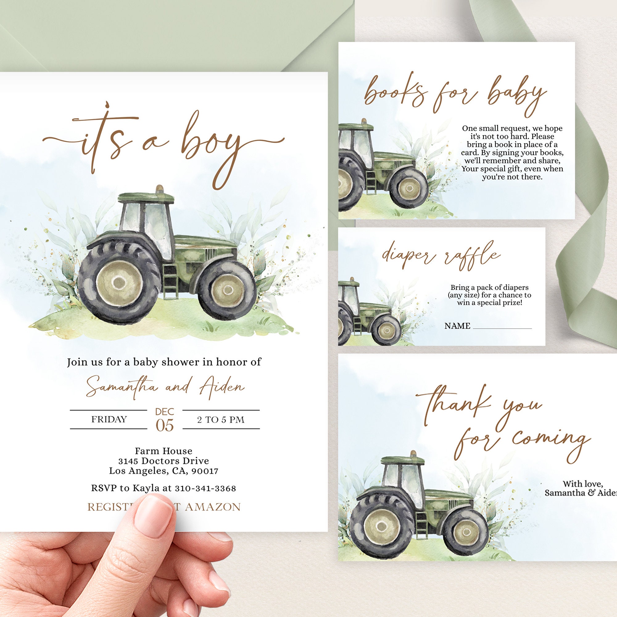 EDITABLE Green Tractor Baby Shower Invitation Set, Ranch Farm Baby Sprinkle  Pack, Printable Its A Boy Party Template, Instant Download BS166 - Etsy, image size:2000x2000