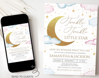 Puede incluir: Invitación a una revelación de género con el tema "Twinkle Twinkle Little Star" con una luna creciente dorada, nubes azules y rosadas y estrellas doradas. La invitación dice "How we wonder what you are. Join us for a gender reveal honouring Samantha & Jackson. Saturday, December 5 at 5pm. 3145 Doctors Drive, Los Angeles, CA, 90017. RSVP to Kayla at 310-341-3368. Registered at Amazon."