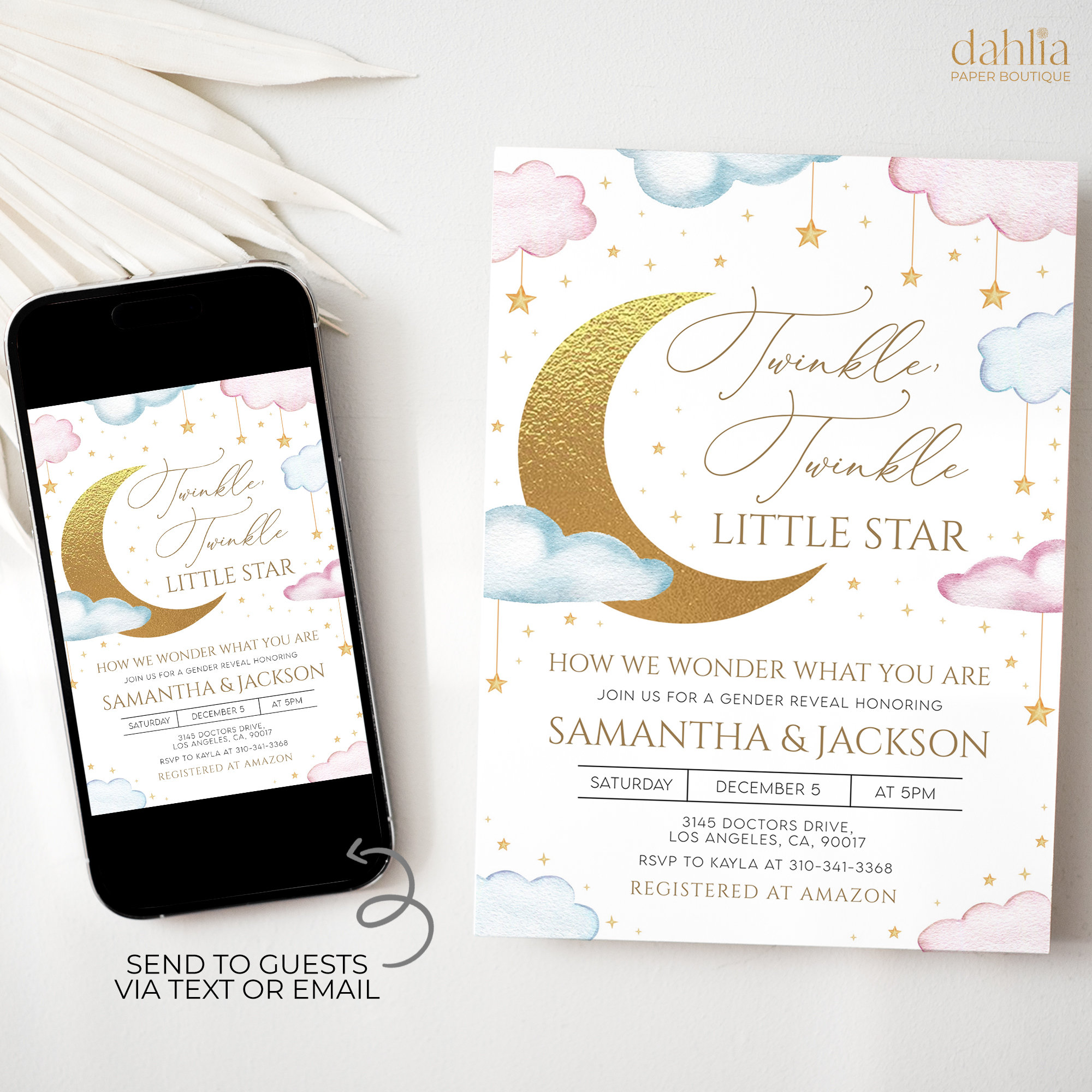 Convite de revelação de gênero Twinkle Twinkle Little Star, convite para festa de revelação de gênero de lua dourada e estrelas, moderno ele ou ela, menino ou menina, GR042
