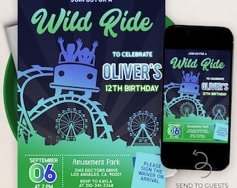 Amusement Park Birthday Invitation, EDITABLE Boys Theme Park Party Template, Neon Wild Ride Roller Coaster Invite, Instant Download, KP643