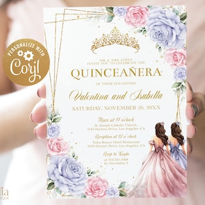 EDITIERBARE gemeinsame Quinceañera Einladung, lila lila und Blumen rosa 15. Geburtstag, Mis Quitte Anos, Zwillingsschwester Party, Instant Download Q055