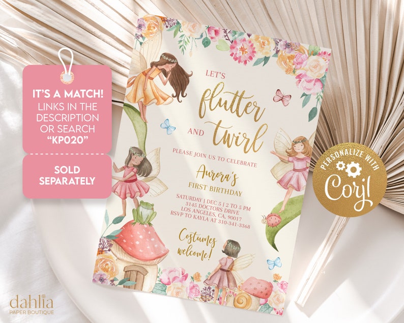May include: A printable invitation for a first birthday party with a fairy theme. The invitation features a watercolor illustration of fairies, flowers, and butterflies. The text on the invitation reads "Let's flutter and twirl" and "Aurora's First Birthday".