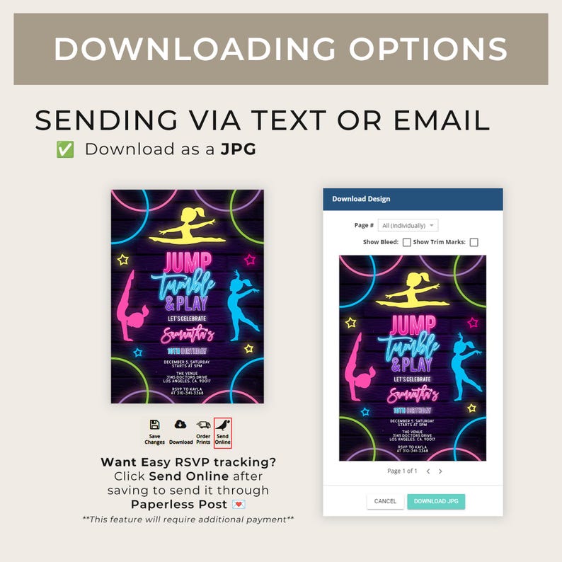 Neon Gymnastics Birthday Invitation, Jump Party Invite Template, Glow Neon Invite, Dancing, Girl Tween Birthday, Instant Download, KP118 image 6