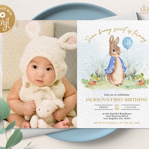 Invito per il primo compleanno di Peter Rabbit con foto, modello coniglietto rustico modificabile, festa per ragazzo stampabile del primo compleanno, qualsiasi età, download istantaneo