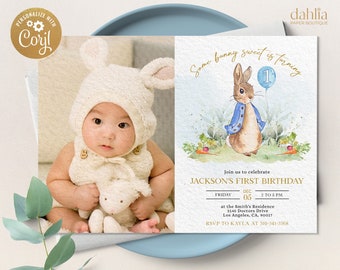 Peter Rabbit First Birthday Invite with Photo, Editable Rustic Bunny Template, Printable 1st Birthday Boy Party, Any Age, Instant Download