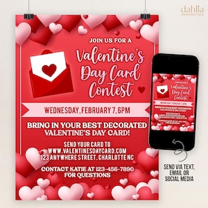 Bewerkbare wedstrijdflyer Valentijnsdagkaart, ontwerpwedstrijd evenement afdrukbare download, PTA PTO School liefdadigheidsinzameling uitnodiging sjabloon