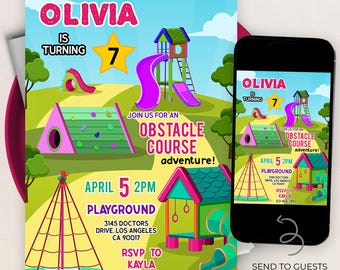 Obstacle Course Birthday Invitation, Editable Outdoor Adventure Park Party Invite, Rope Course Climbing Playground, Instant Download, KP611