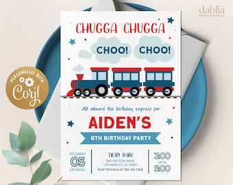 Train Birthday Invitation, EDITABLE Chugga Chugga Choo Choo Party Invite Template, Modern Boy Birthday Express Train, Instant Download KP080