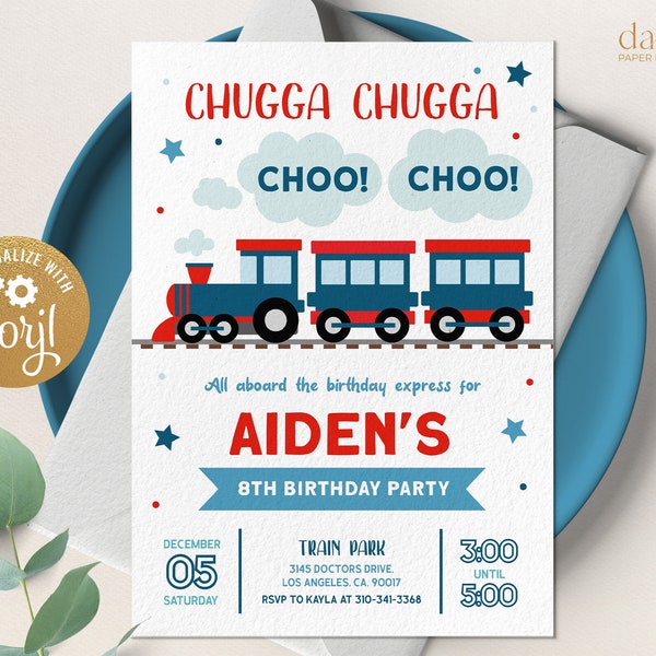 Train Birthday Invitation, EDITABLE Chugga Chugga Choo Choo Party Invite Template, Modern Boy Birthday Express Train, Instant Download KP080