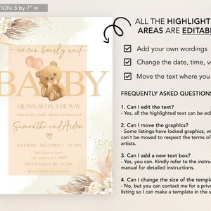Puede incluir: Una invitaci&oacute;n de baby shower con un fondo melocot&oacute;n y detalles dorados. La invitaci&oacute;n presenta un osito de peluche sosteniendo globos y el texto "we can bearly wait" y "BABY". La invitaci&oacute;n tambi&eacute;n incluye el texto "Quinn is on the way" y "Join us for a baby shower in honor of Samantha and Aiden".
