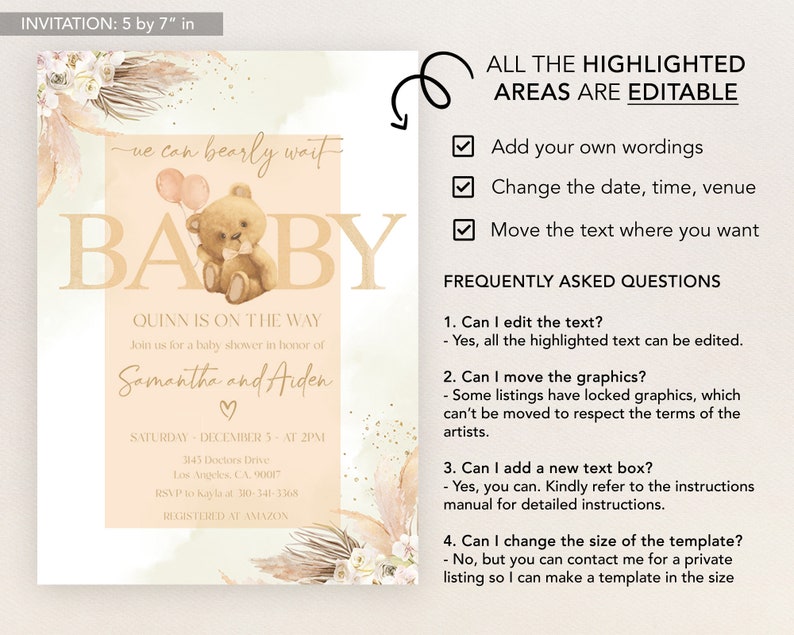 Puede incluir: Una invitaci&oacute;n de baby shower con un fondo melocot&oacute;n y detalles dorados. La invitaci&oacute;n presenta un osito de peluche sosteniendo globos y el texto "we can bearly wait" y "BABY". La invitaci&oacute;n tambi&eacute;n incluye el texto "Quinn is on the way" y "Join us for a baby shower in honor of Samantha and Aiden".