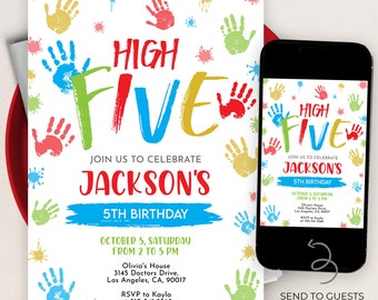May include: A white birthday party invitation with colorful handprints and the words "HIGH FIVE" in large, multi-colored letters. The invitation is for Jackson's 5th birthday, with event details and RSVP information.